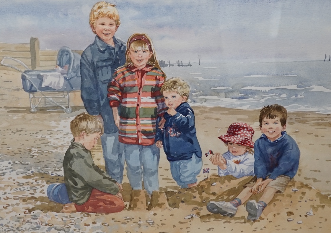 Mary Gundry (20th. C), watercolour, Beach scene with children, signed and dated 1997, 38 x 49cm. Condition - fair